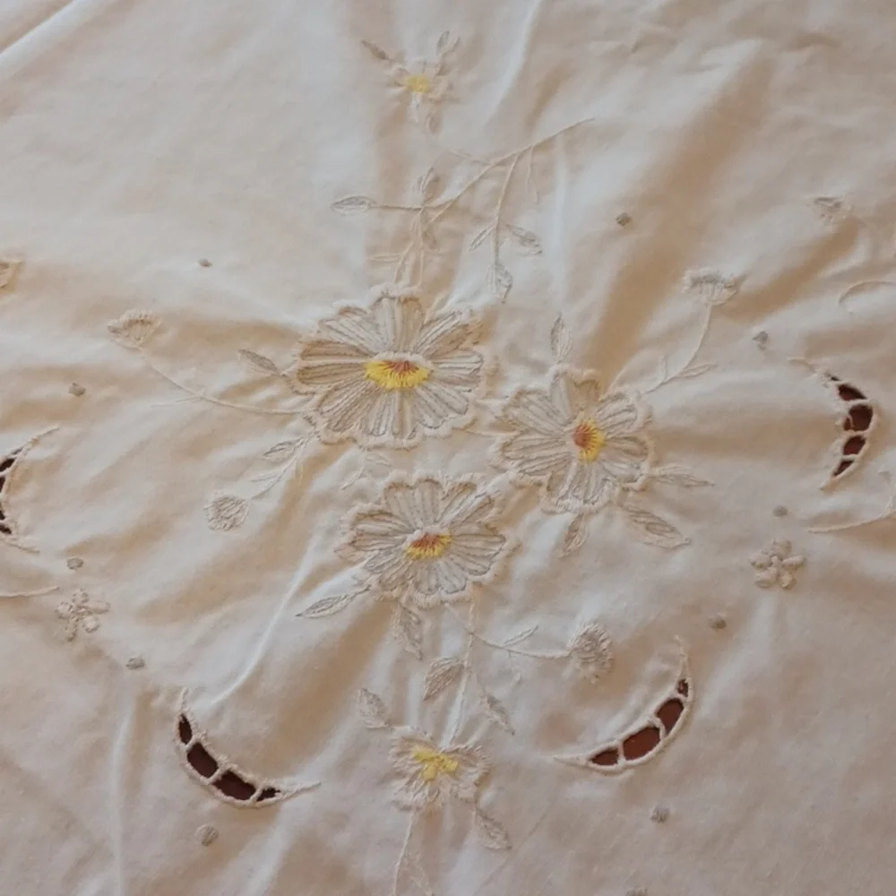 vintage cream embroidered tablecloth rectangular floral cutwork  cottagecore